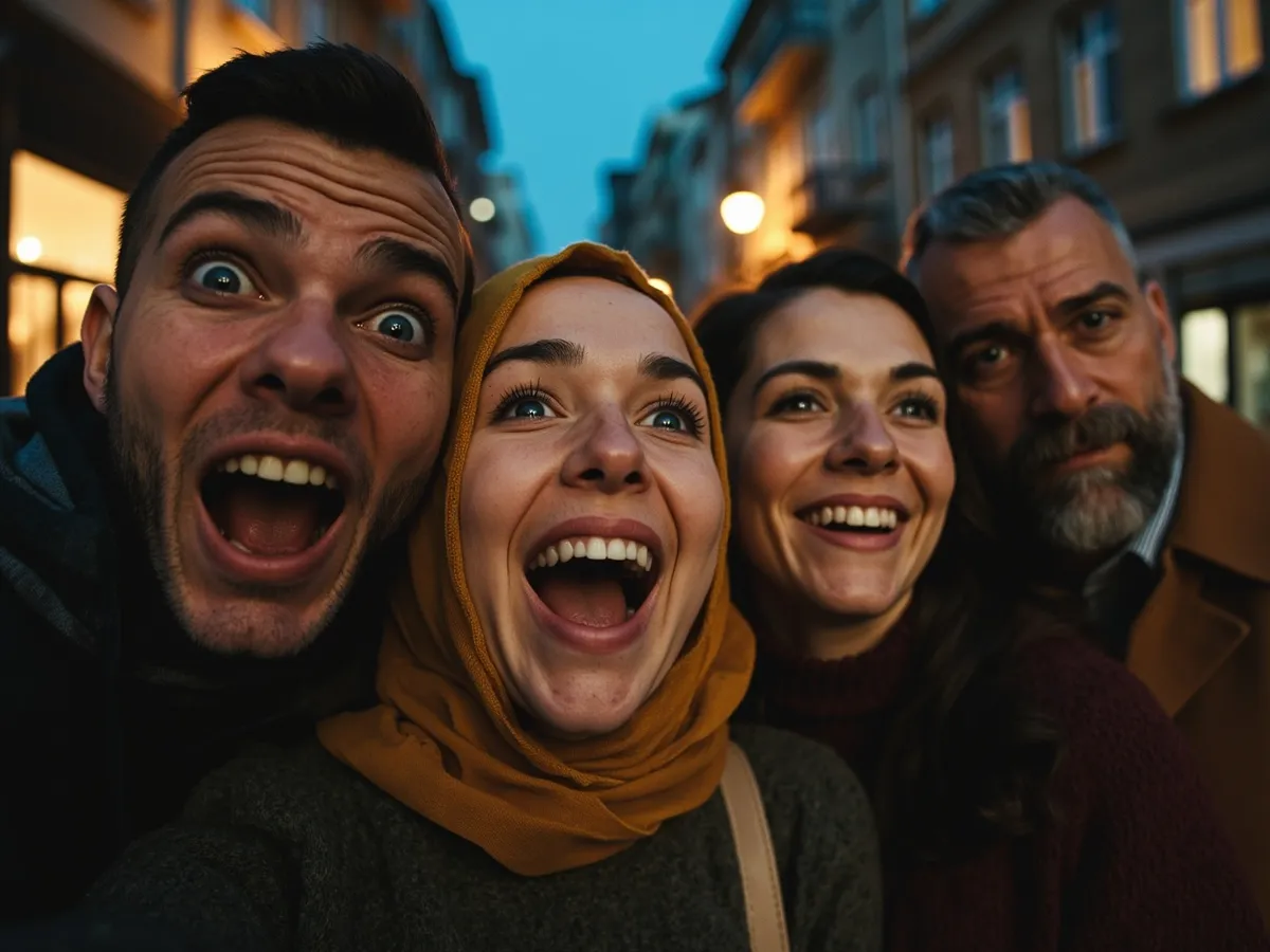 Computer-generated image: four friends laughing together in a group photo on a quest day out