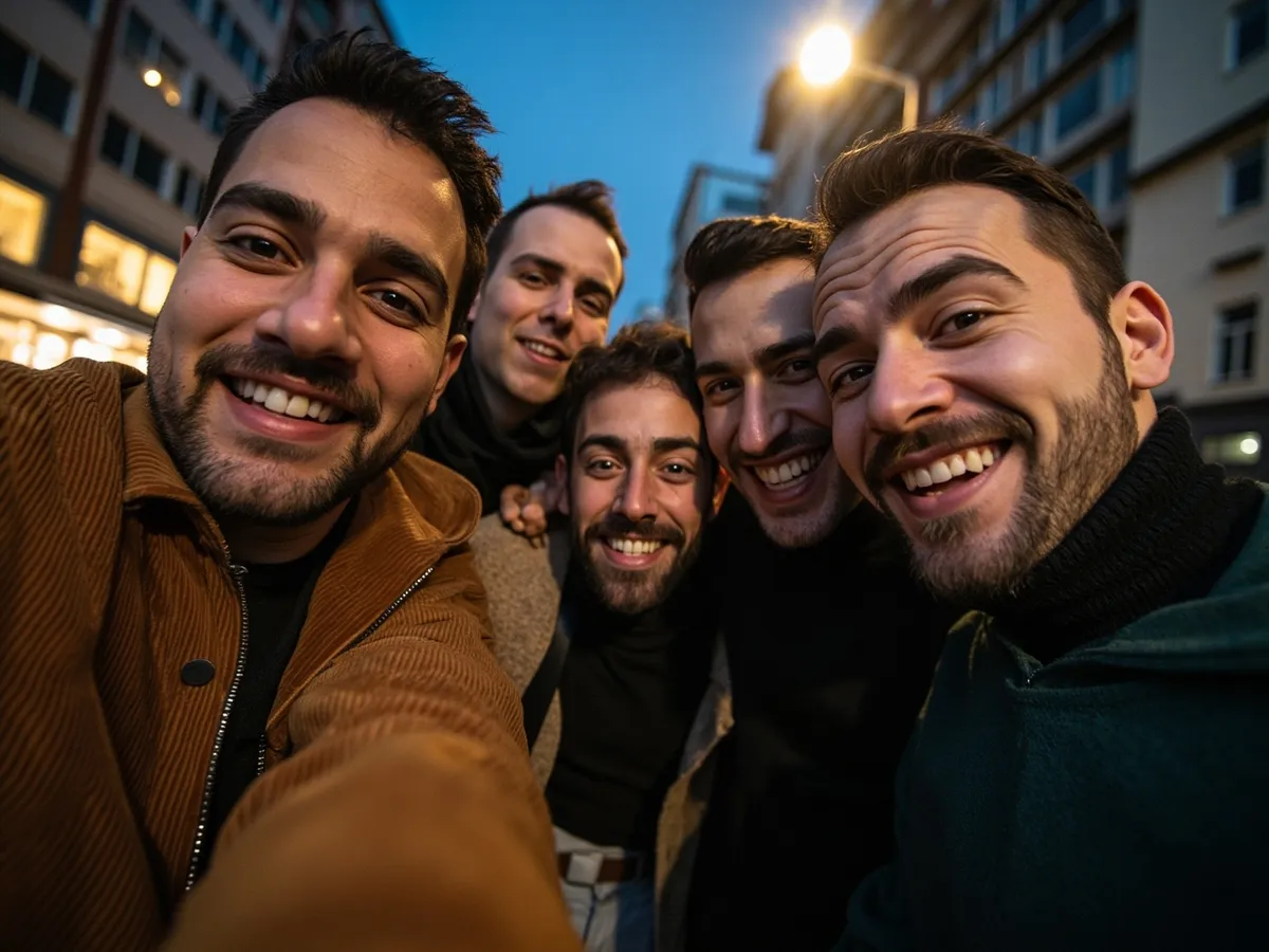 Computer-generated image: four friends laughing together in a group photo on a quest day out