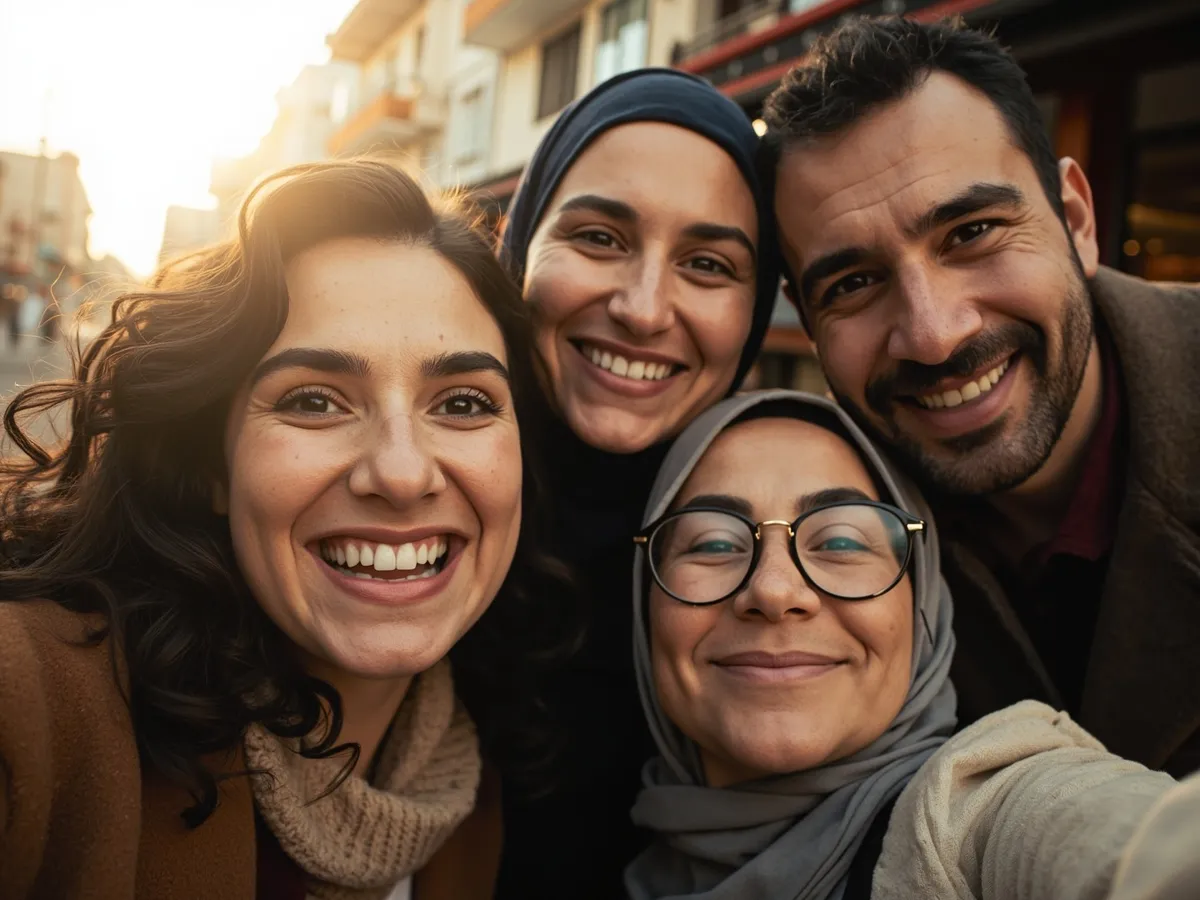 Computer-generated image: four friends laughing together in a group photo on a quest day out