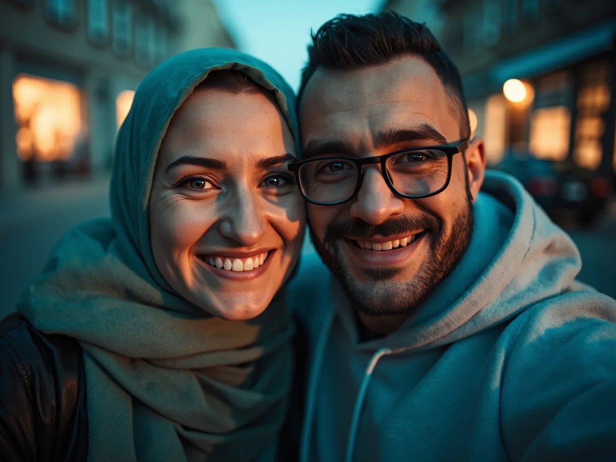 Computer-generated image: two friends laughing together in a group photo on a quest day out