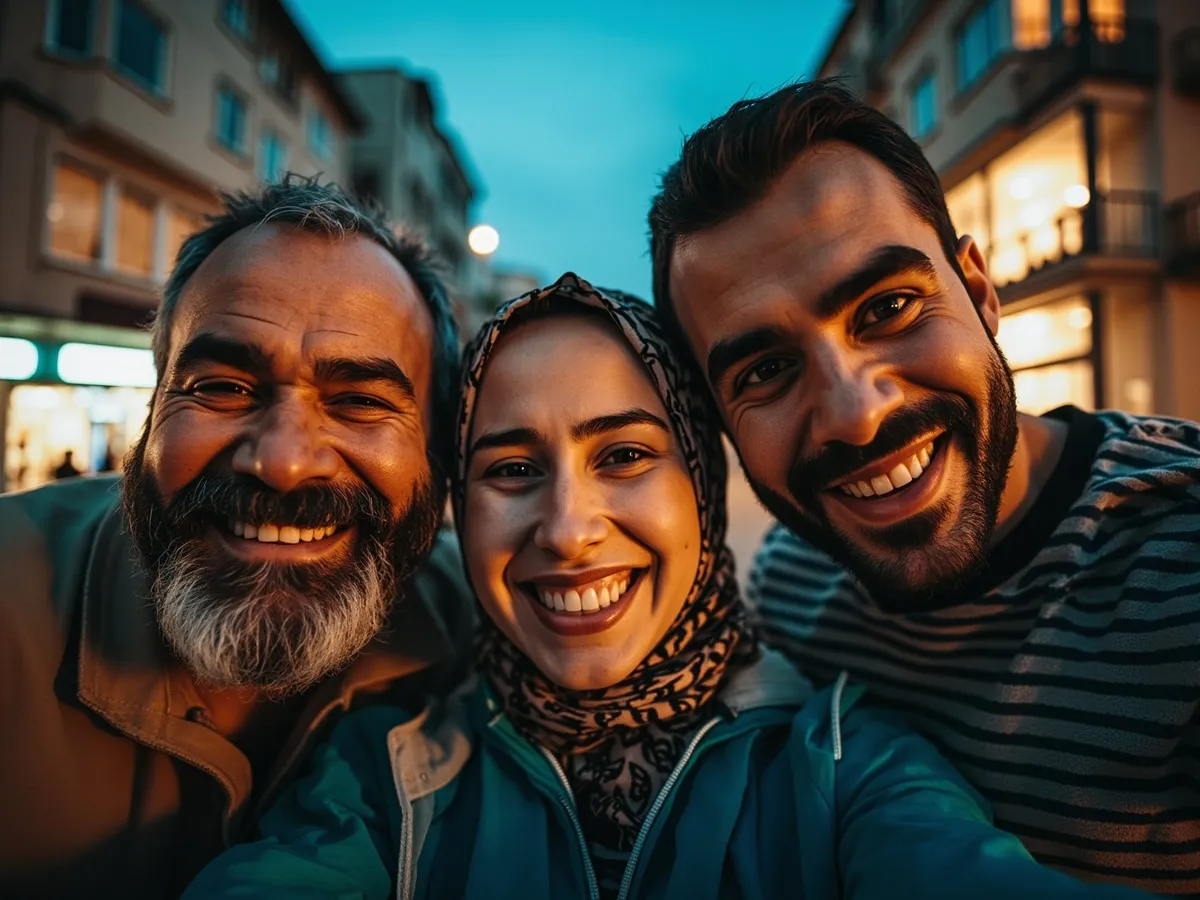 Computer-generated image: three friends laughing together in a group photo on a quest day out