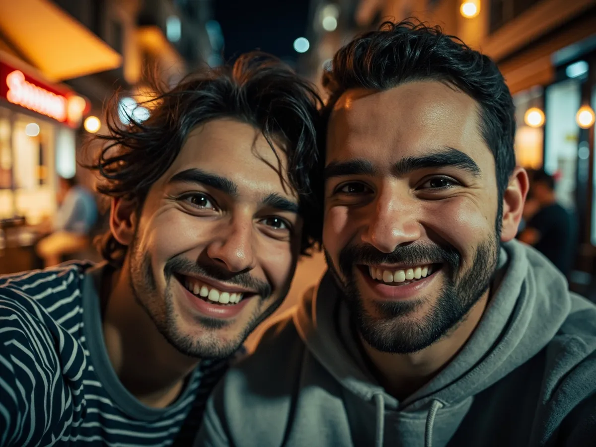 Computer-generated image: two friends laughing together in a group photo on a quest day out