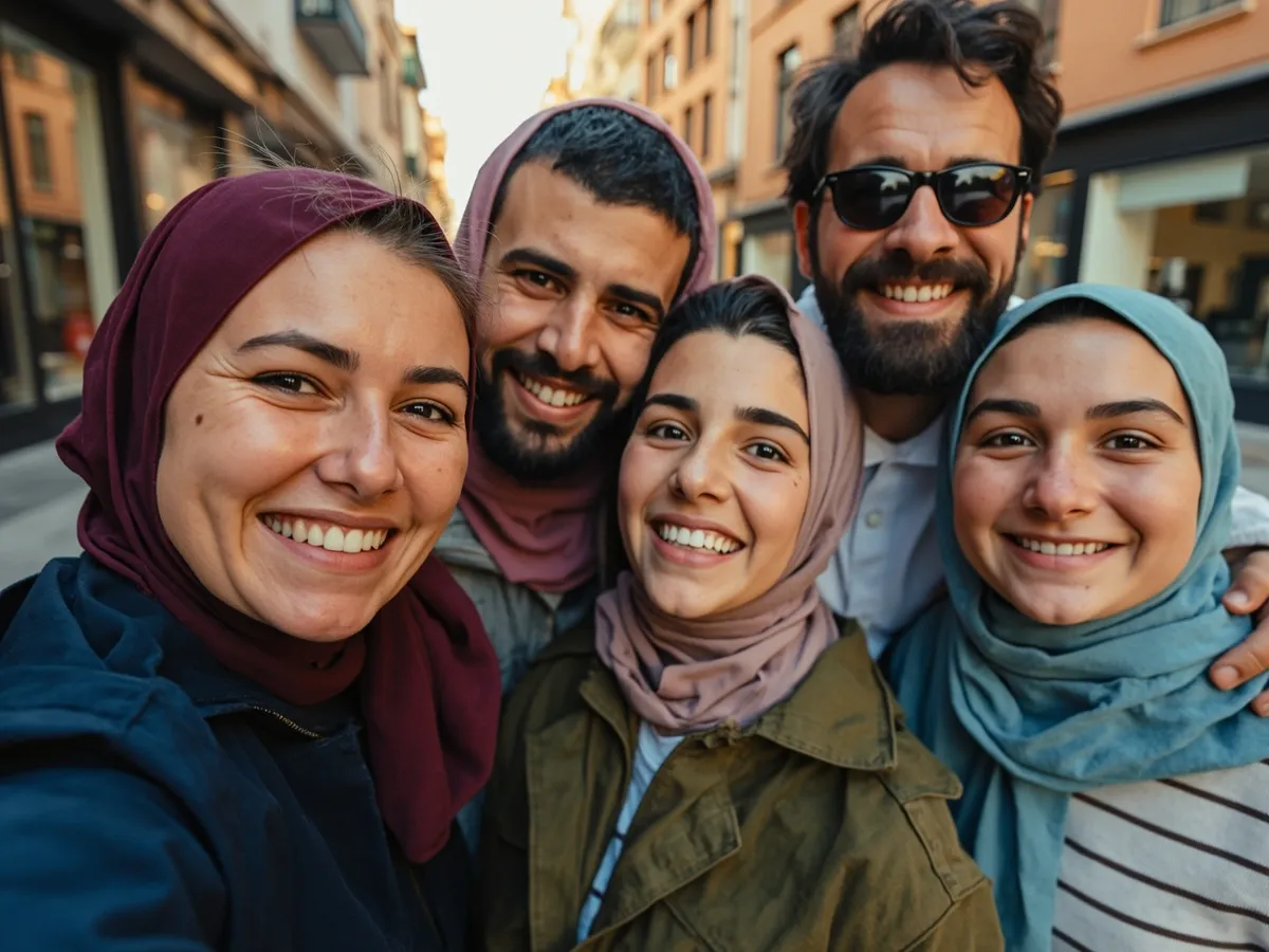 Computer-generated image: four friends laughing together in a group photo on a quest day out