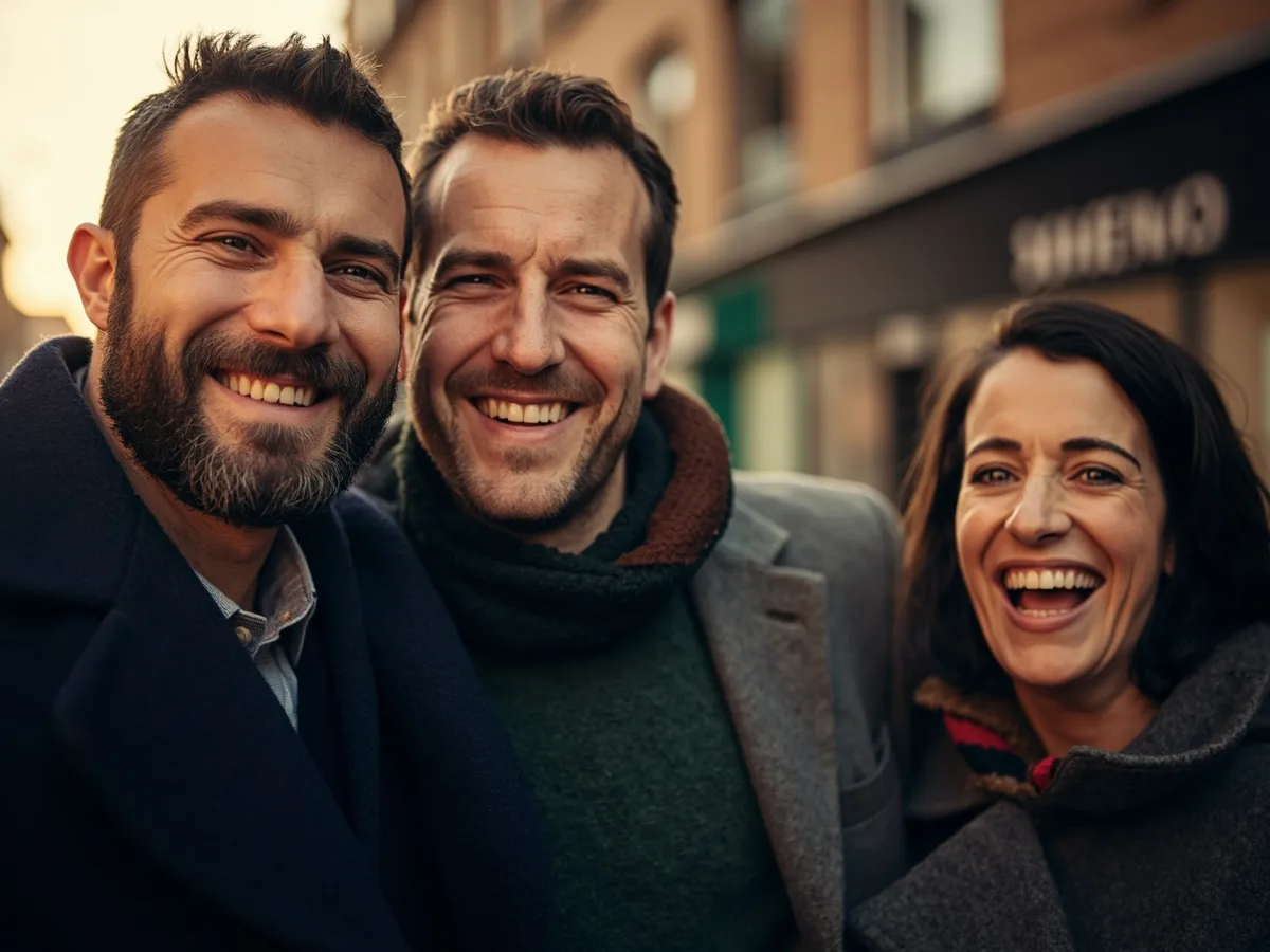 Computer-generated image: three friends laughing together in a group photo on a quest day out