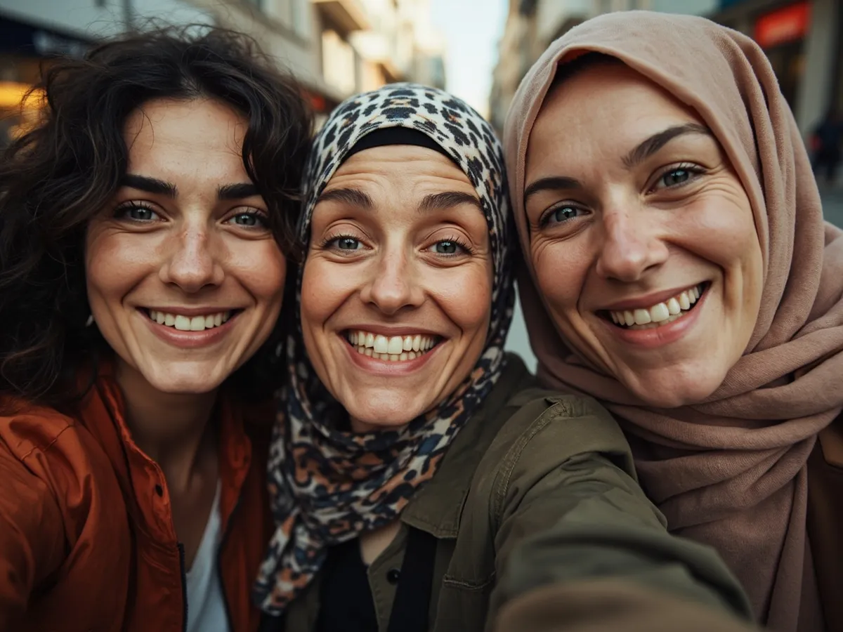 Computer-generated image: three friends laughing together in a group photo on a quest day out
