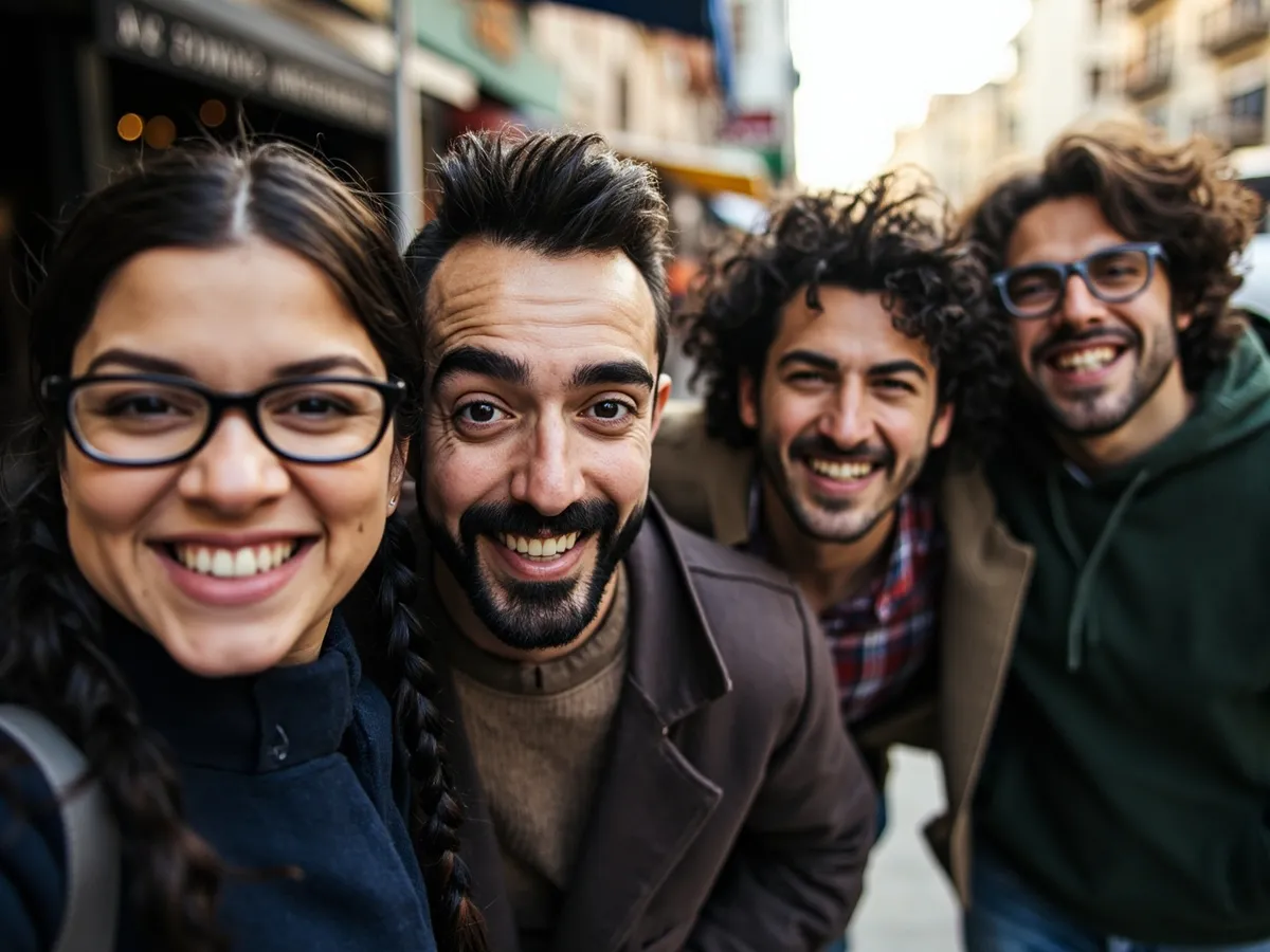 Computer-generated image: four friends laughing together in a group photo on a quest day out