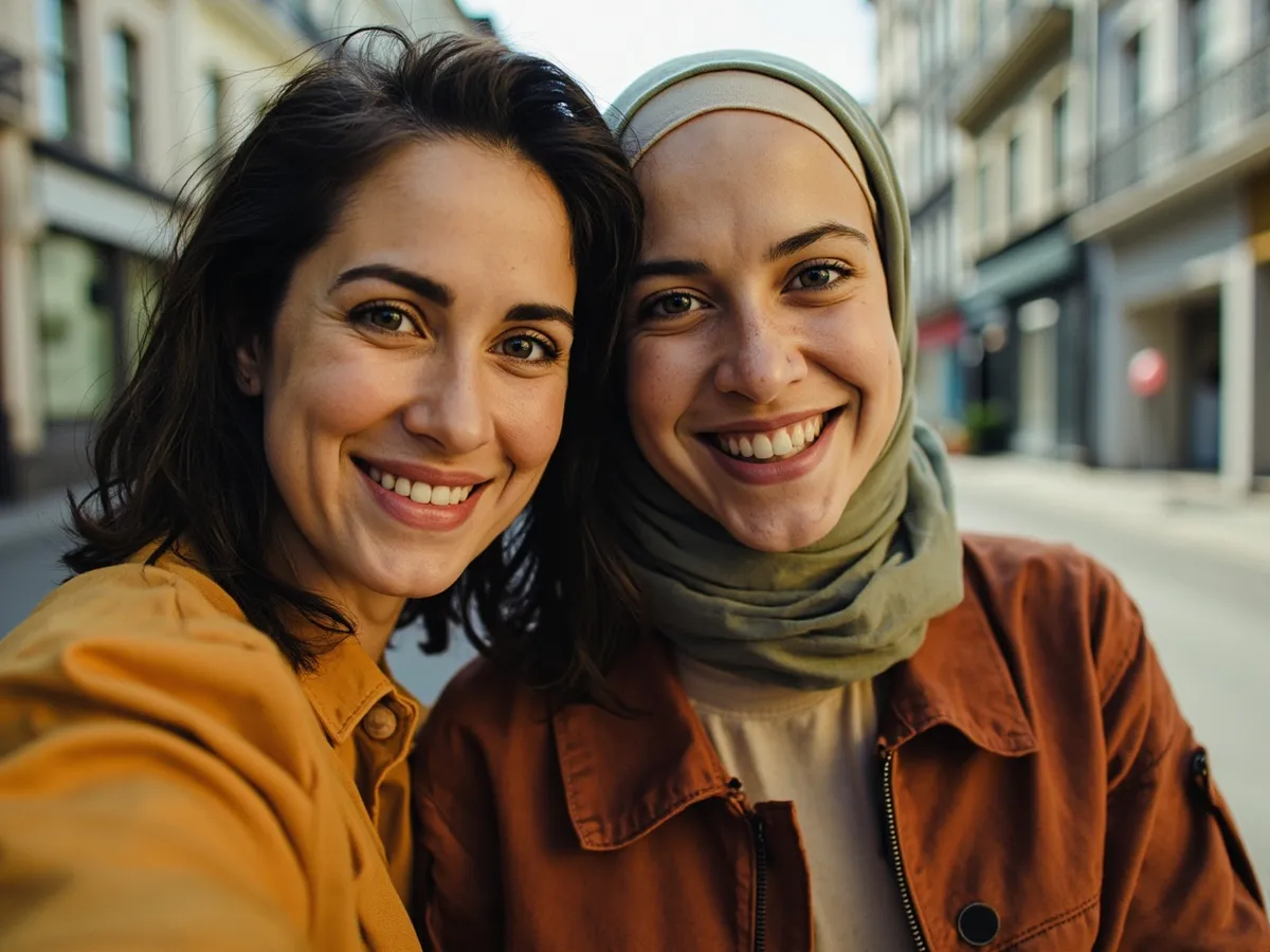 Computer-generated image: two friends laughing together in a group photo on a quest day out