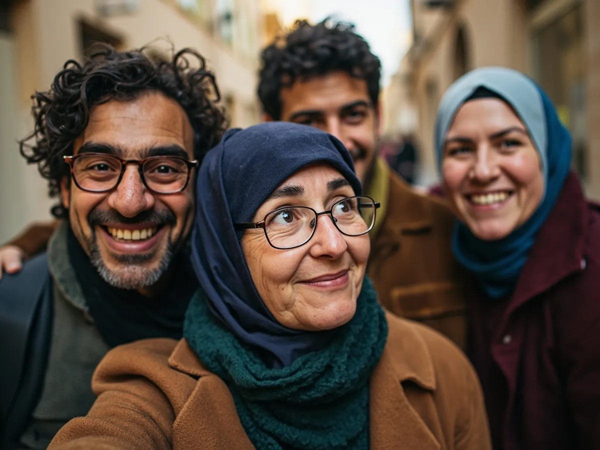 Computer-generated image: four friends laughing together in a group photo on a quest day out