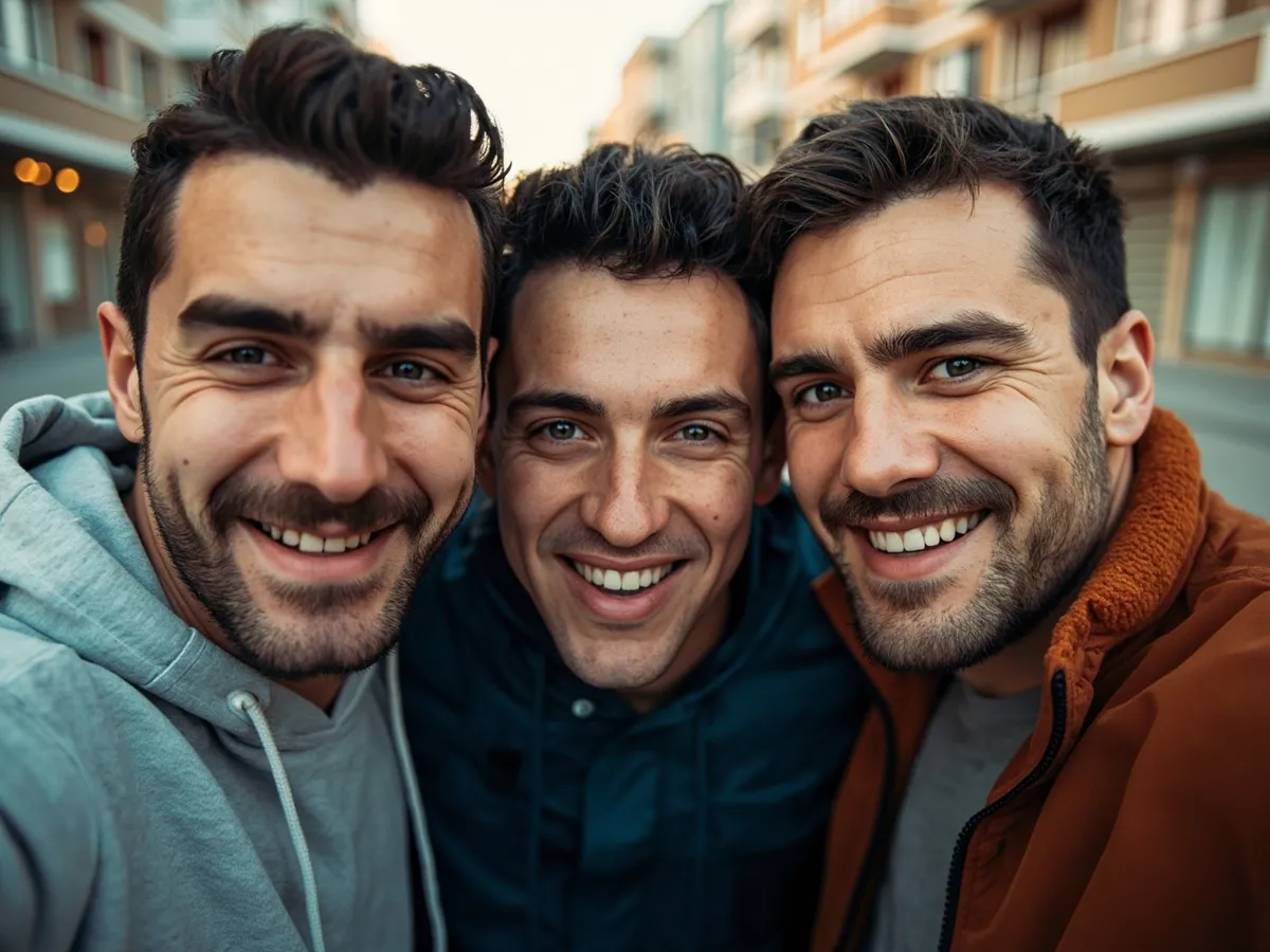 Computer-generated image: three friends laughing together in a group photo on a quest day out