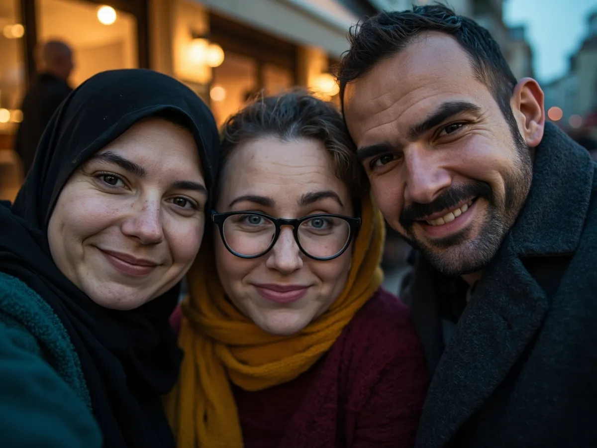 Computer-generated image: three friends laughing together in a group photo on a quest day out