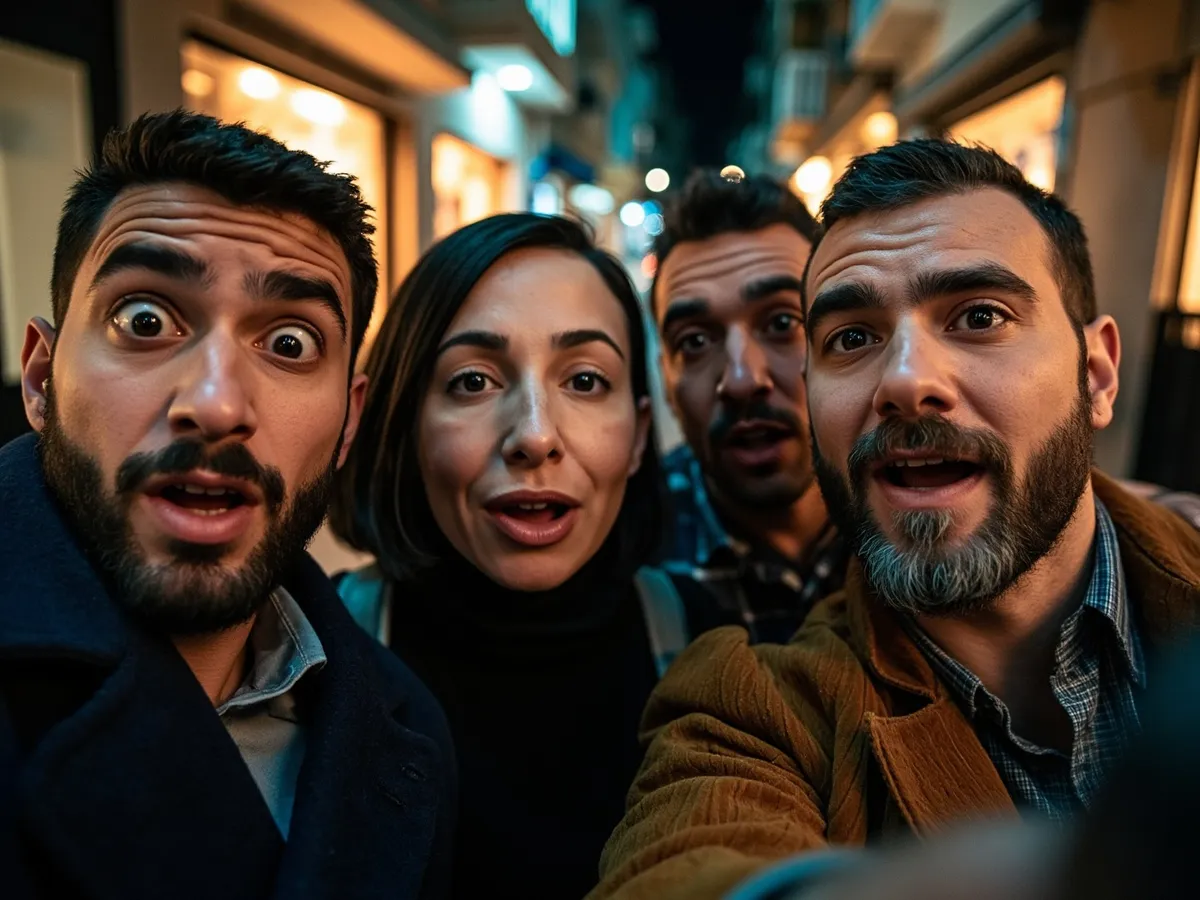 Computer-generated image: four friends laughing together in a group photo on a quest day out