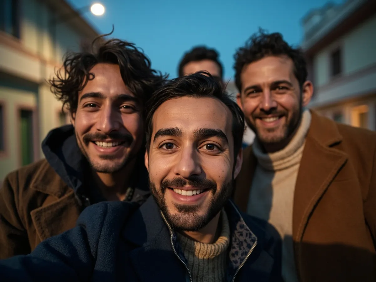Computer-generated image: four friends laughing together in a group photo on a quest day out