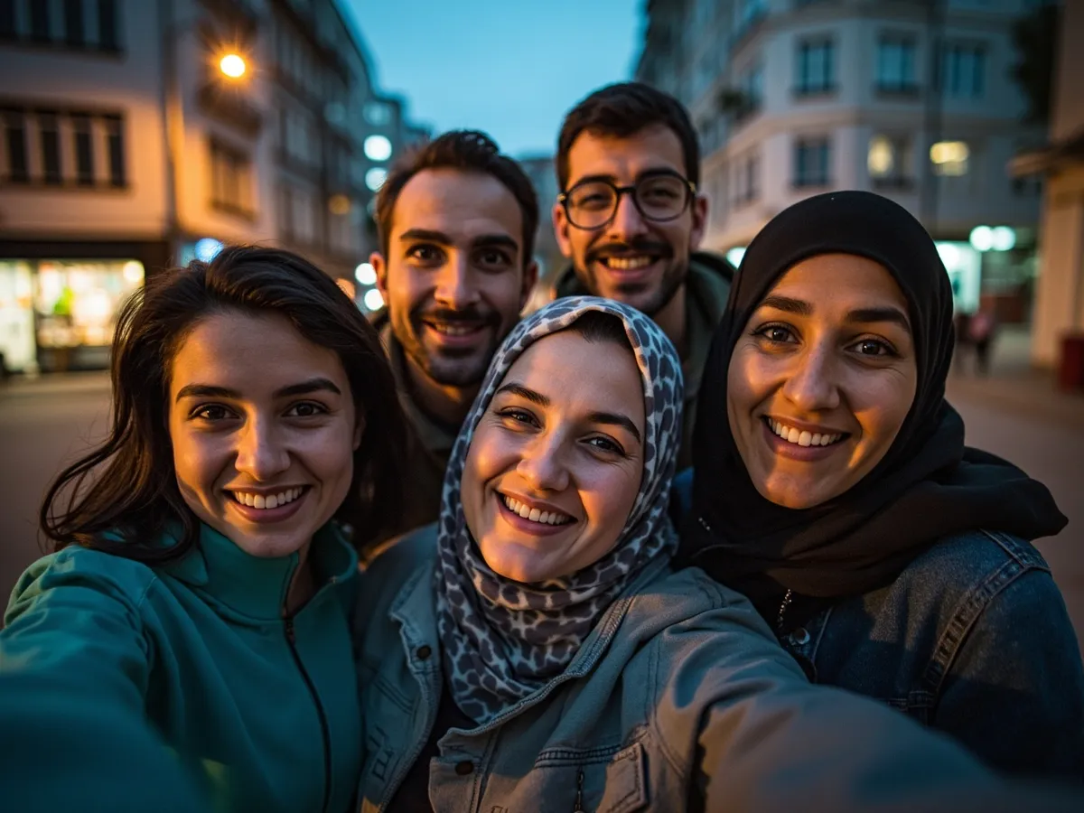 Computer-generated image: four friends laughing together in a group photo on a quest day out