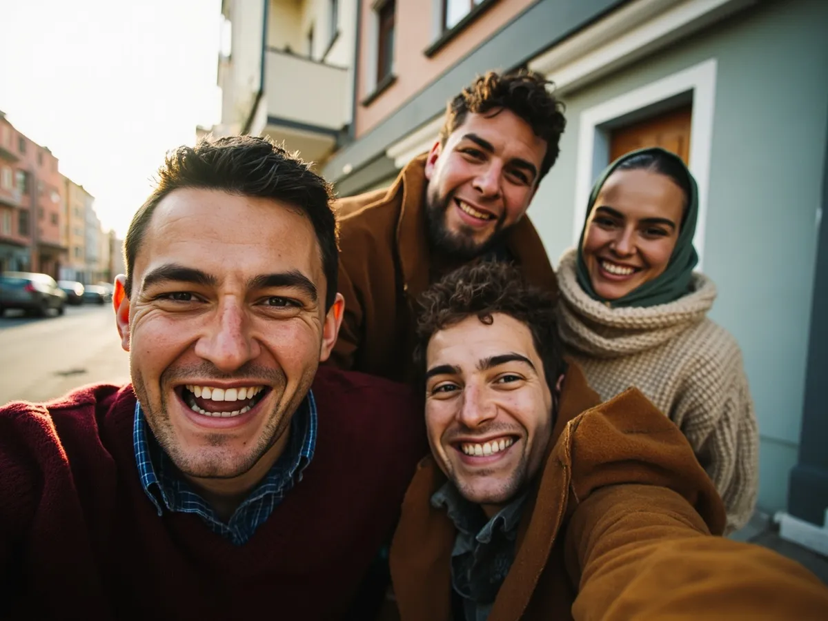 Computer-generated image: four friends laughing together in a group photo on a quest day out