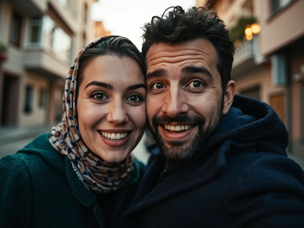 Computer-generated image: two friends laughing together in a group photo on a quest day out