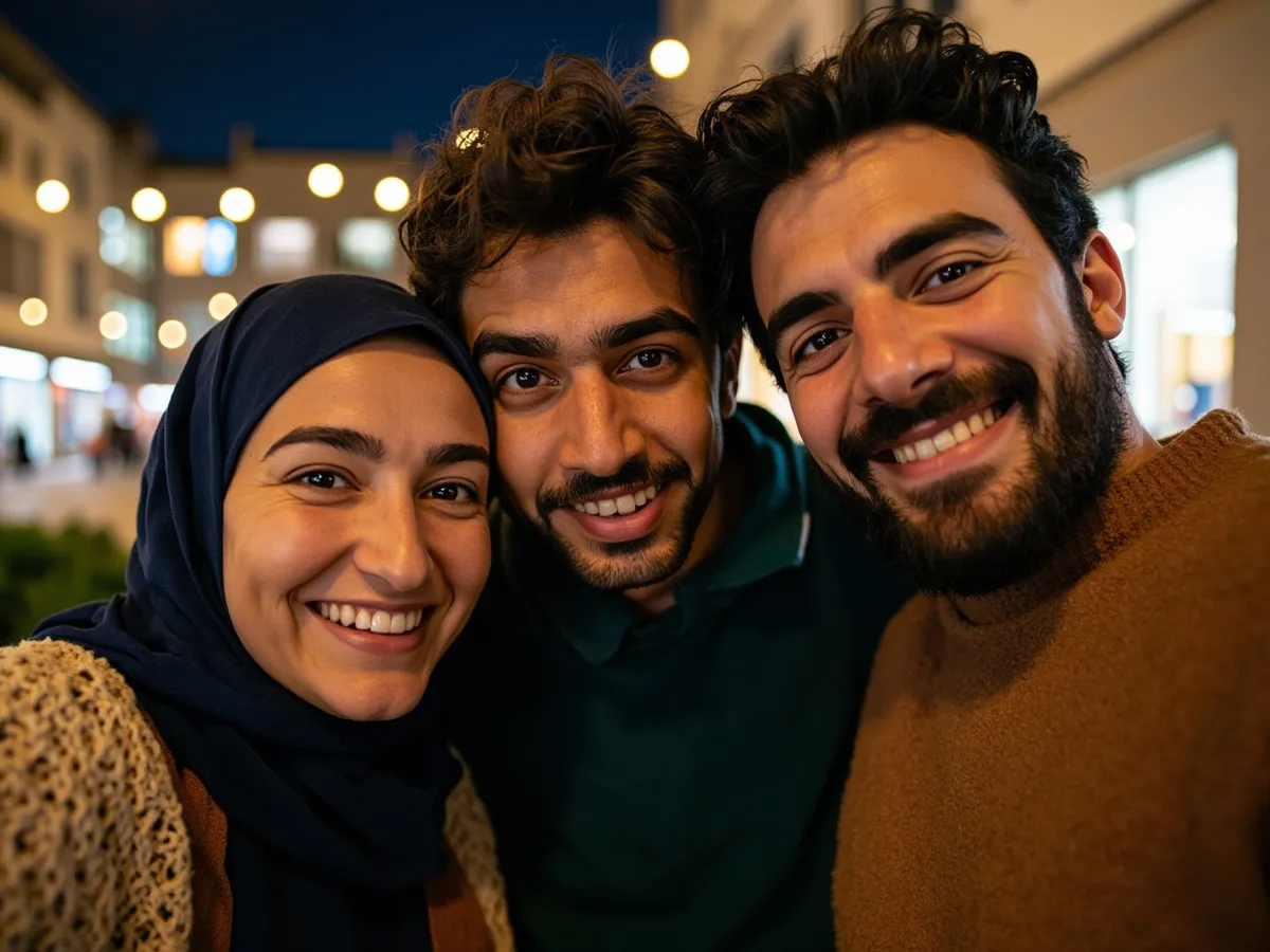 Computer-generated image: three friends laughing together in a group photo on a quest day out