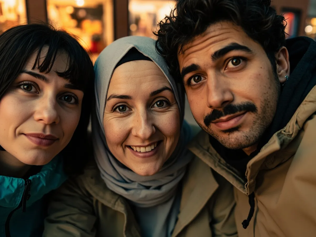 Computer-generated image: three friends laughing together in a group photo on a quest day out