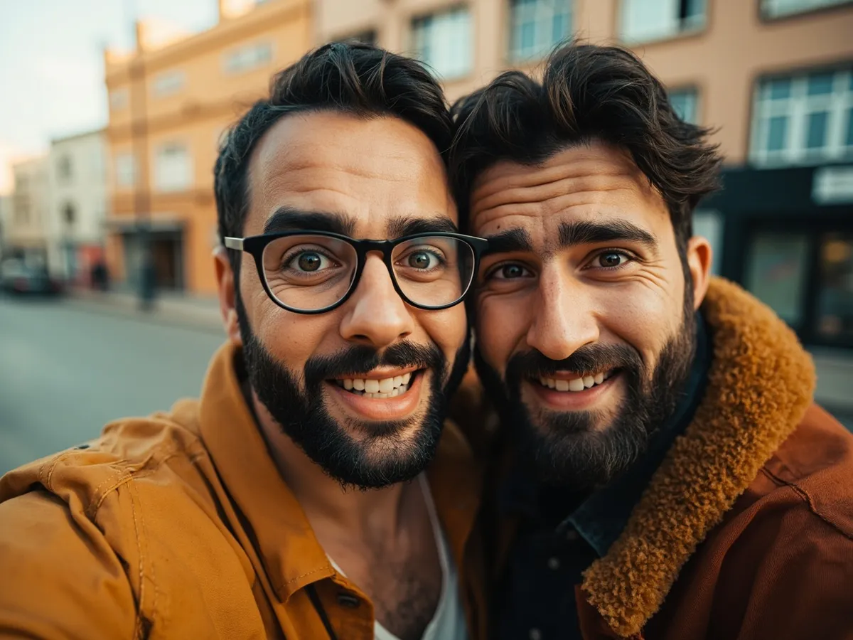 Computer-generated image: two friends laughing together in a group photo on a quest day out