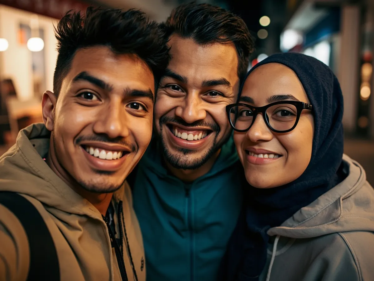 Computer-generated image: three friends laughing together in a group photo on a quest day out
