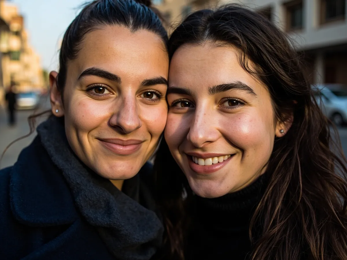 Computer-generated image: two friends laughing together in a group photo on a quest day out