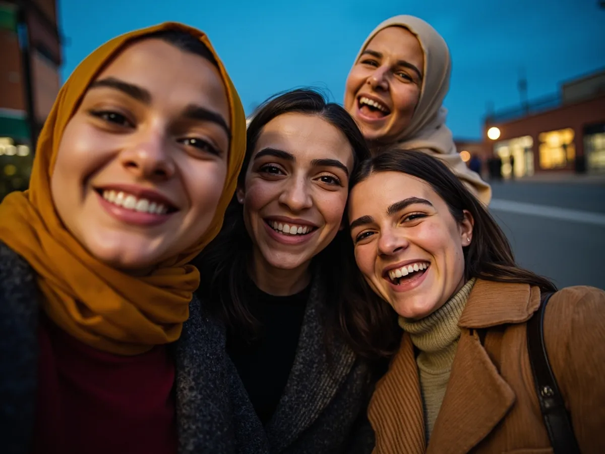 Computer-generated image: four friends laughing together in a group photo on a quest day out