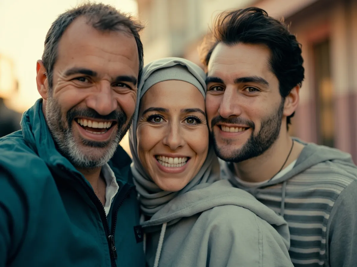 Computer-generated image: three friends laughing together in a group photo on a quest day out