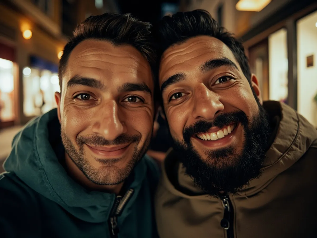 Computer-generated image: two friends laughing together in a group photo on a quest day out