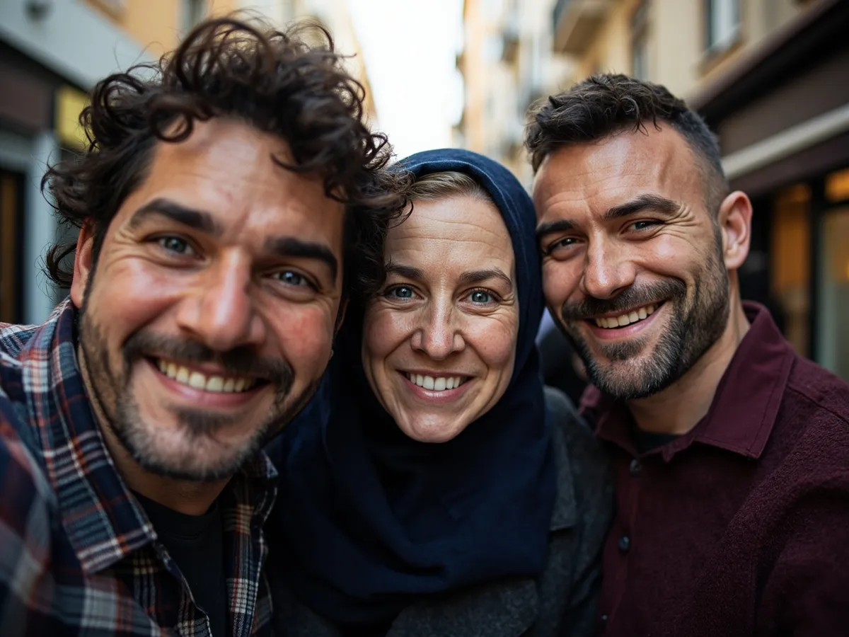 Computer-generated image: three friends laughing together in a group photo on a quest day out