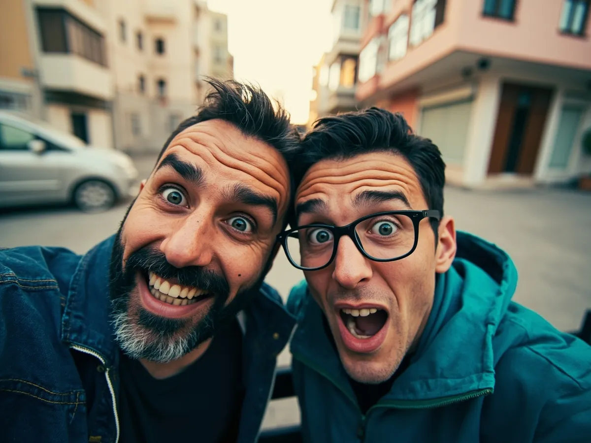 Computer-generated image: two friends laughing together in a group photo on a quest day out
