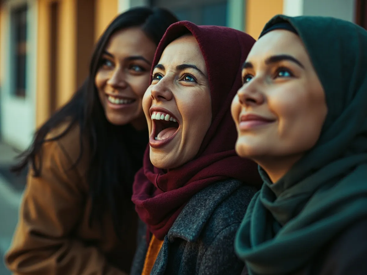 Computer-generated image: three friends laughing together in a group photo on a quest day out