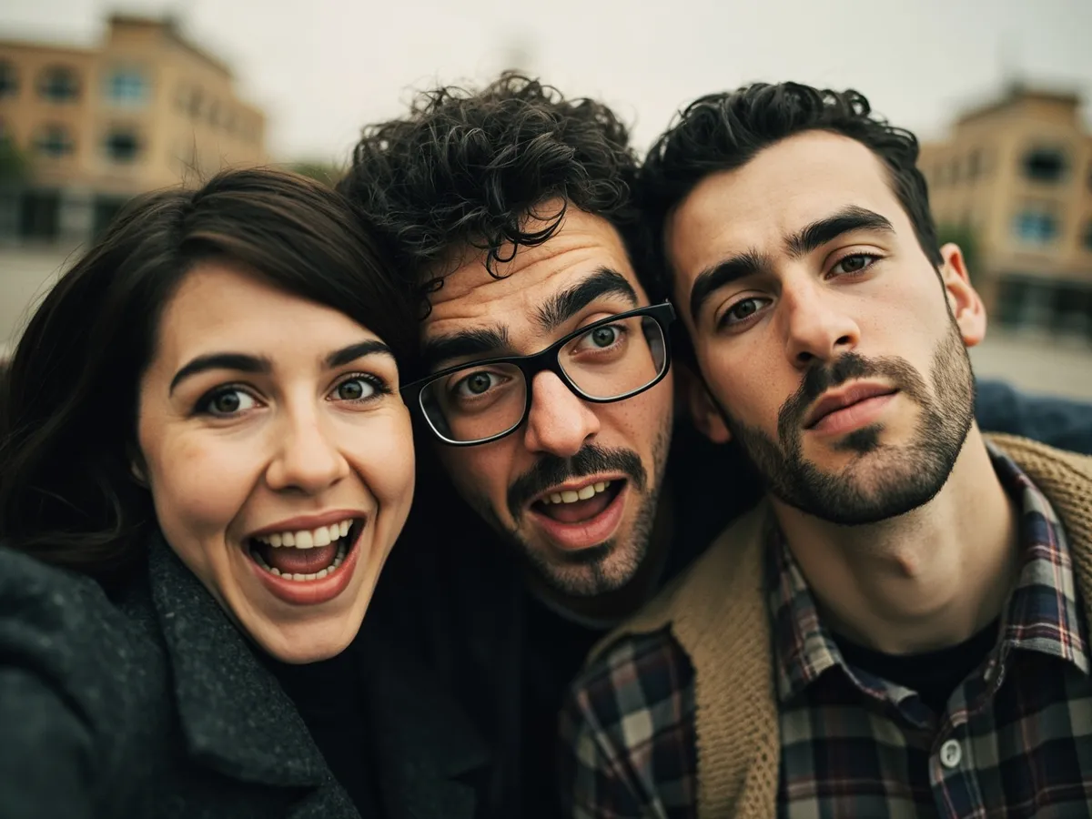 Computer-generated image: three friends laughing together in a group photo on a quest day out