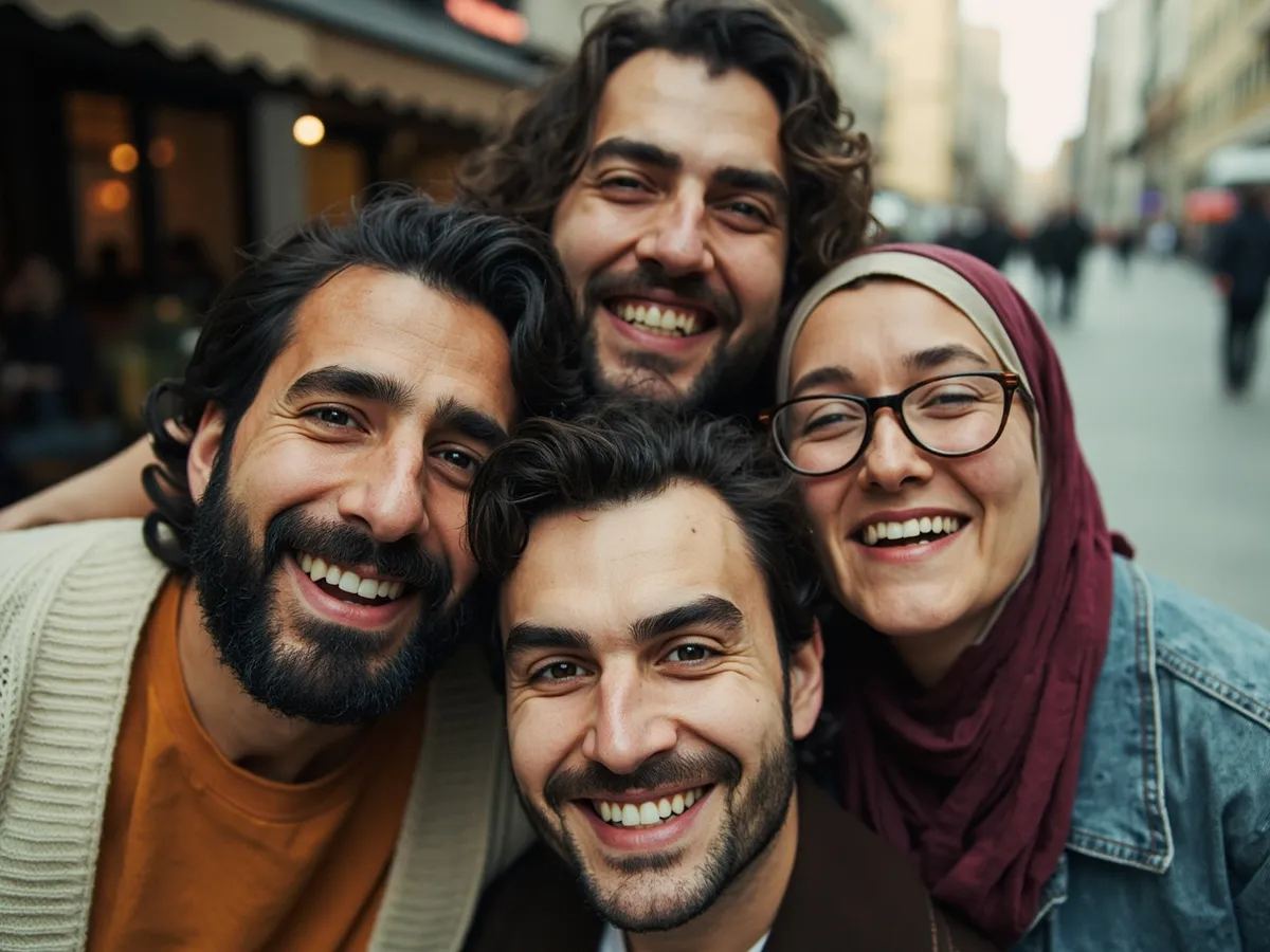 Computer-generated image: four friends laughing together in a group photo on a quest day out