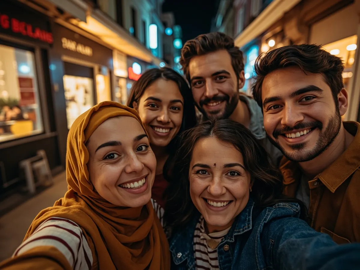 Computer-generated image: four friends laughing together in a group photo on a quest day out