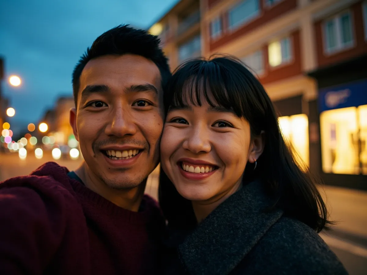 Computer-generated image: two friends laughing together in a group photo on a quest day out