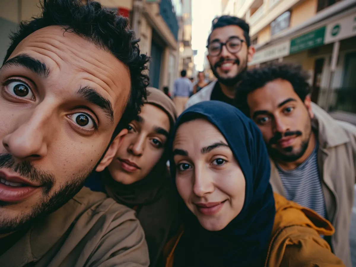 Computer-generated image: four friends laughing together in a group photo on a quest day out