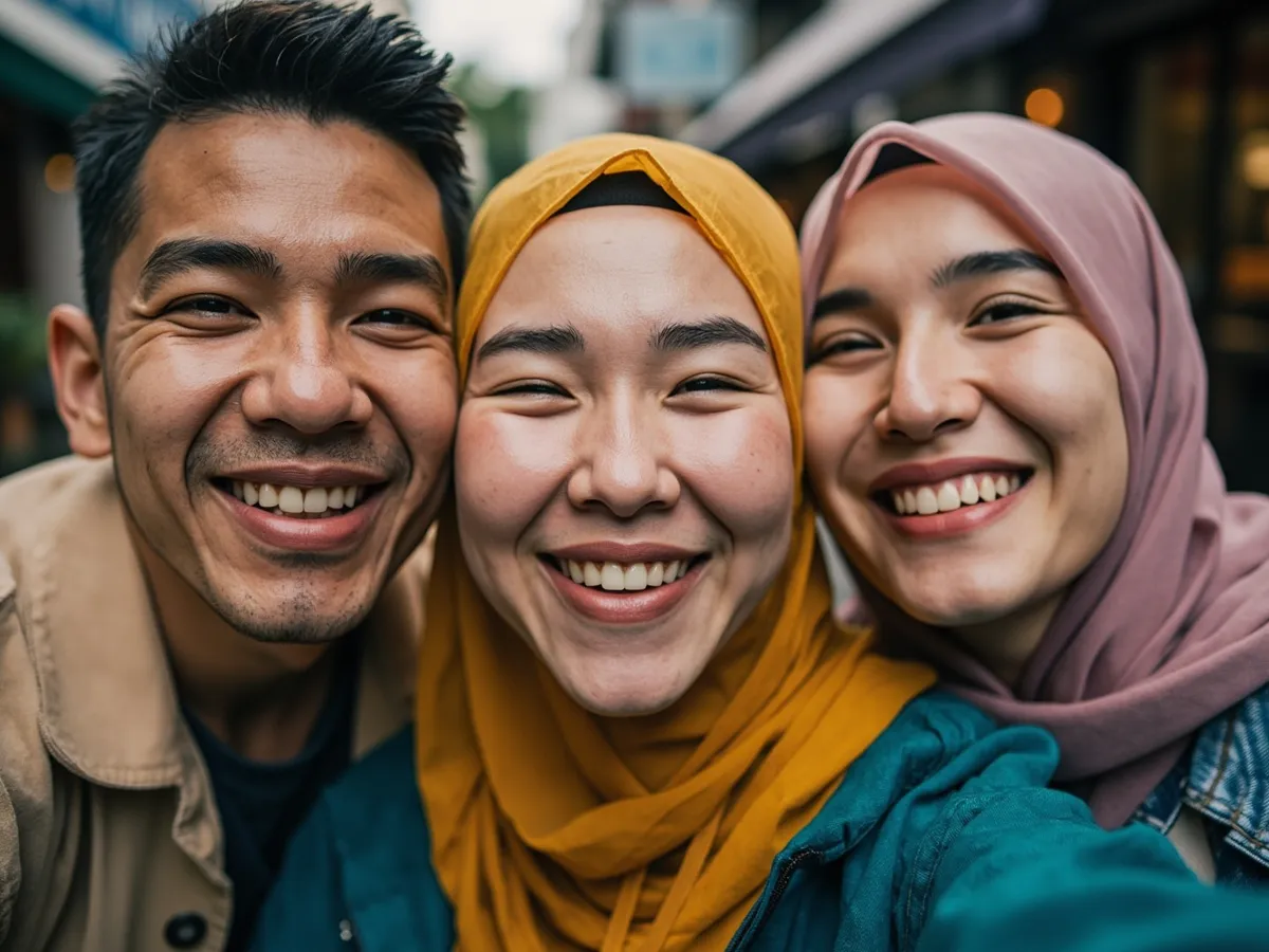 Computer-generated image: three friends laughing together in a group photo on a quest day out