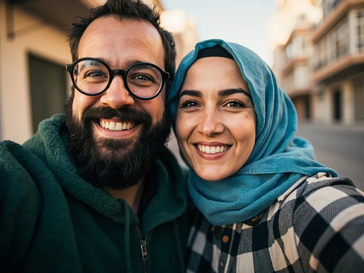 Computer-generated image: two friends laughing together in a group photo on a quest day out