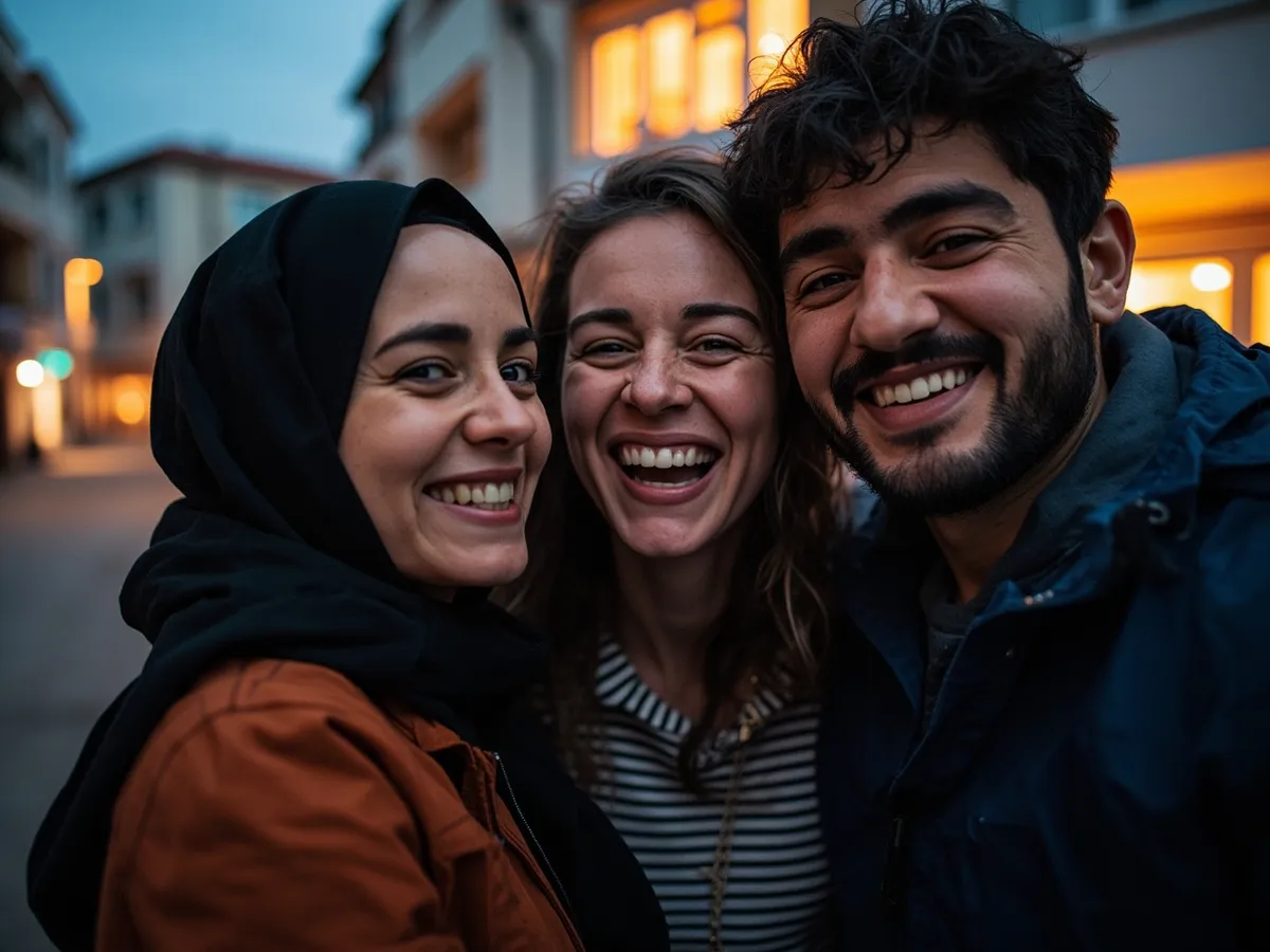 Computer-generated image: three friends laughing together in a group photo on a quest day out