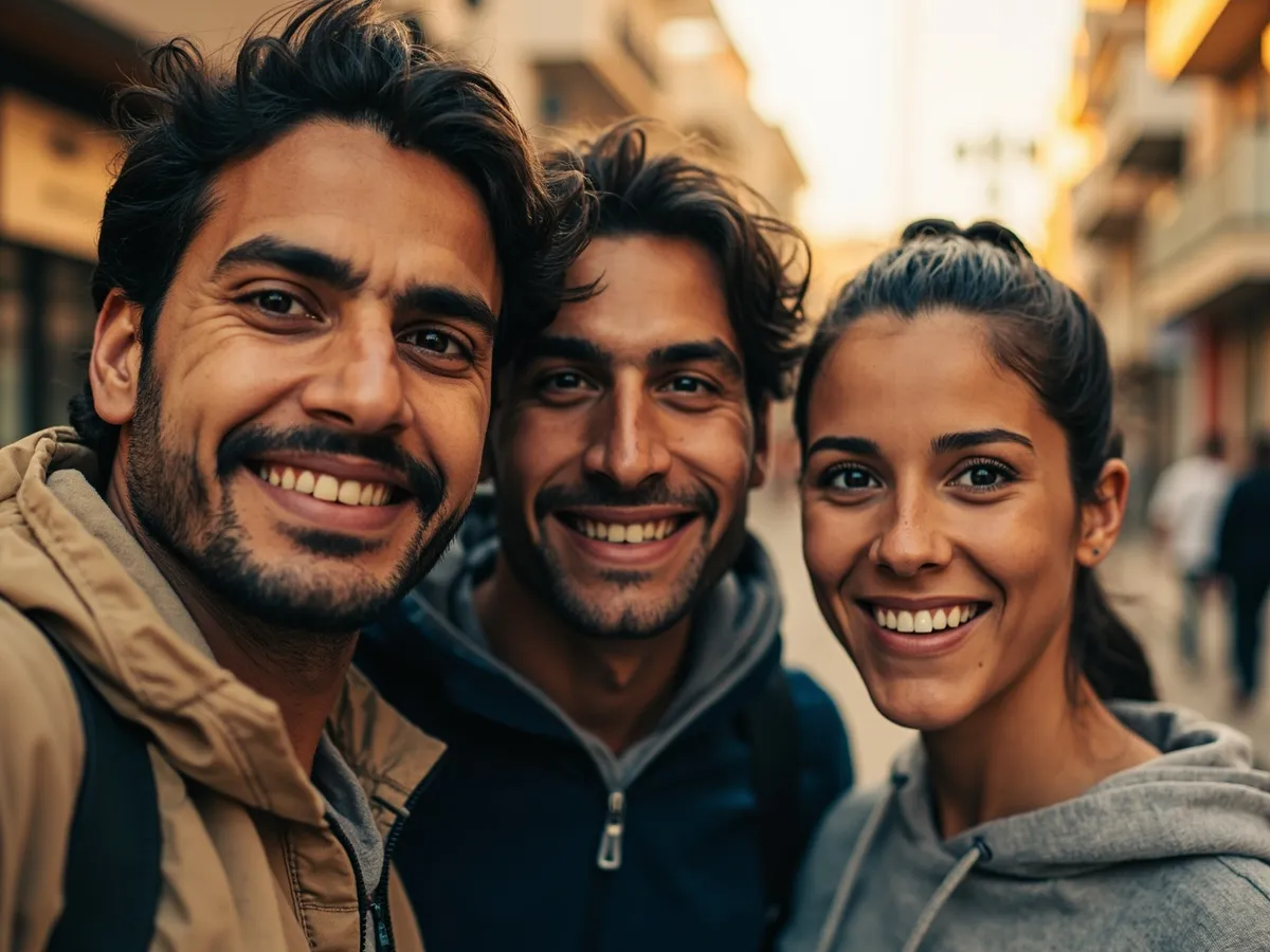 Computer-generated image: three friends laughing together in a group photo on a quest day out