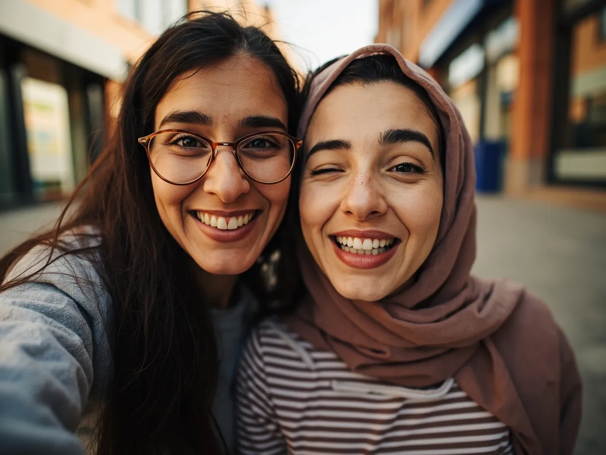 Computer-generated image: two friends laughing together in a group photo on a quest day out