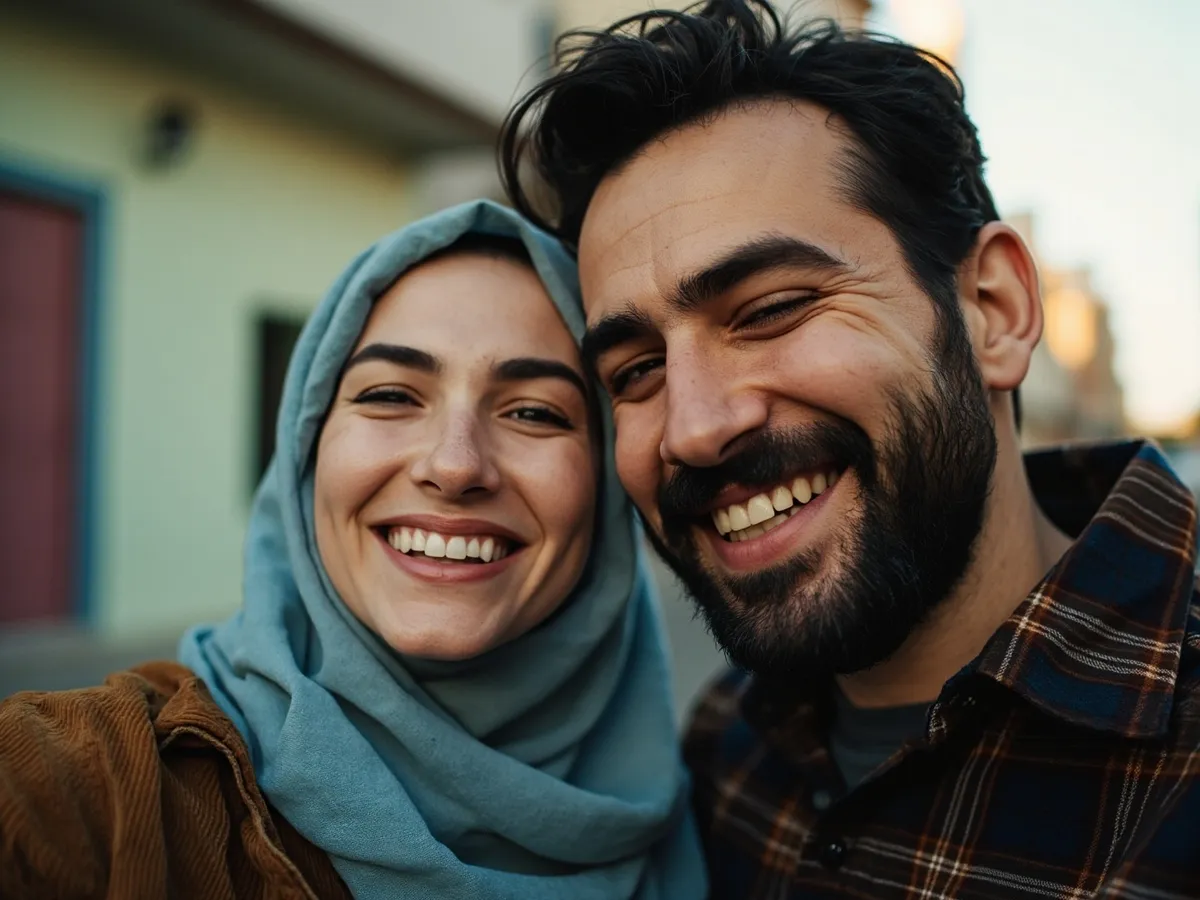 Computer-generated image: two friends laughing together in a group photo on a quest day out