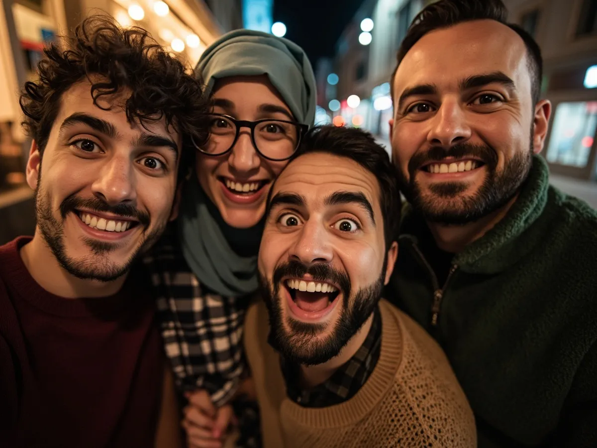 Computer-generated image: four friends laughing together in a group photo on a quest day out