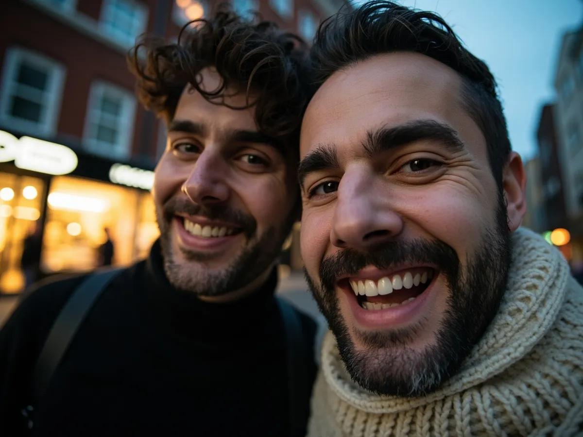 Computer-generated image: two friends laughing together in a group photo on a quest day out