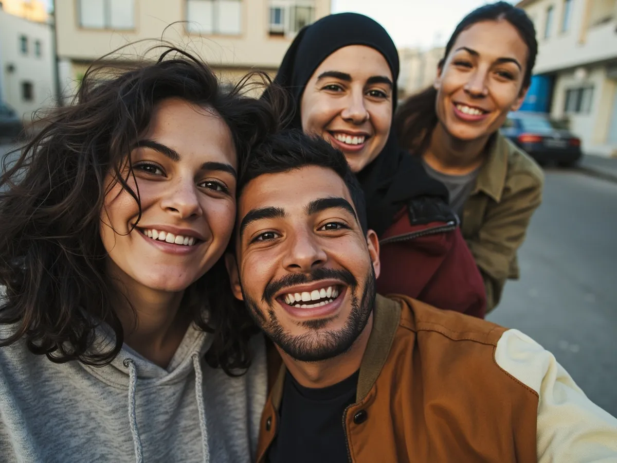 Computer-generated image: four friends laughing together in a group photo on a quest day out