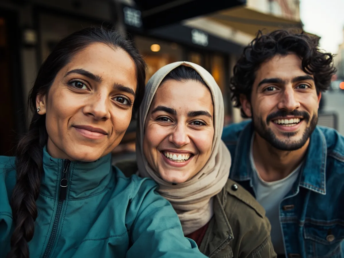 Computer-generated image: three friends laughing together in a group photo on a quest day out