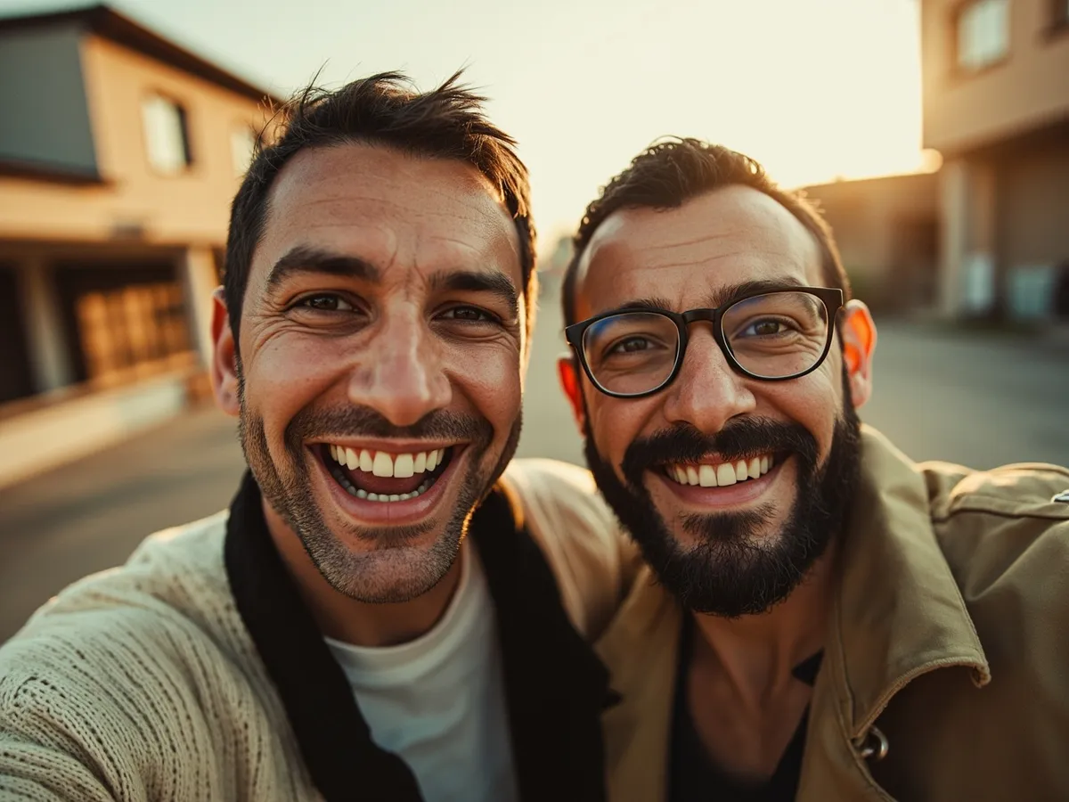 Computer-generated image: two friends laughing together in a group photo on a quest day out