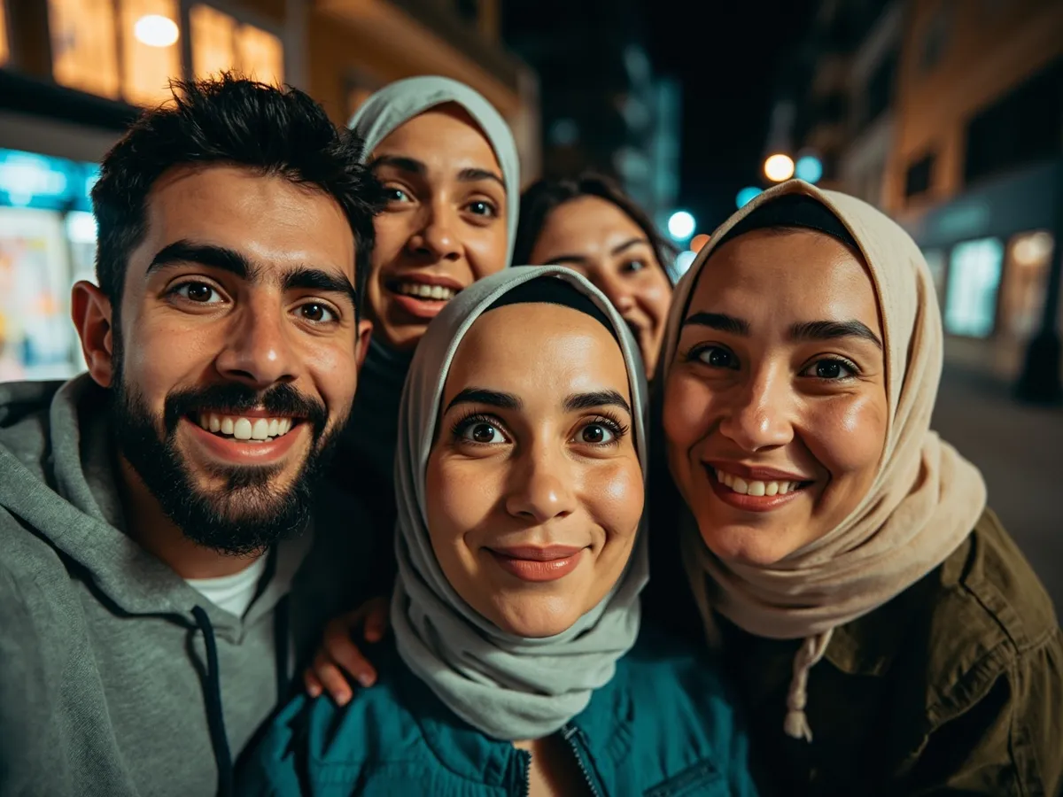 Computer-generated image: four friends laughing together in a group photo on a quest day out