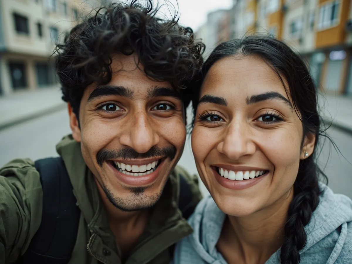 Computer-generated image: two friends laughing together in a group photo on a quest day out