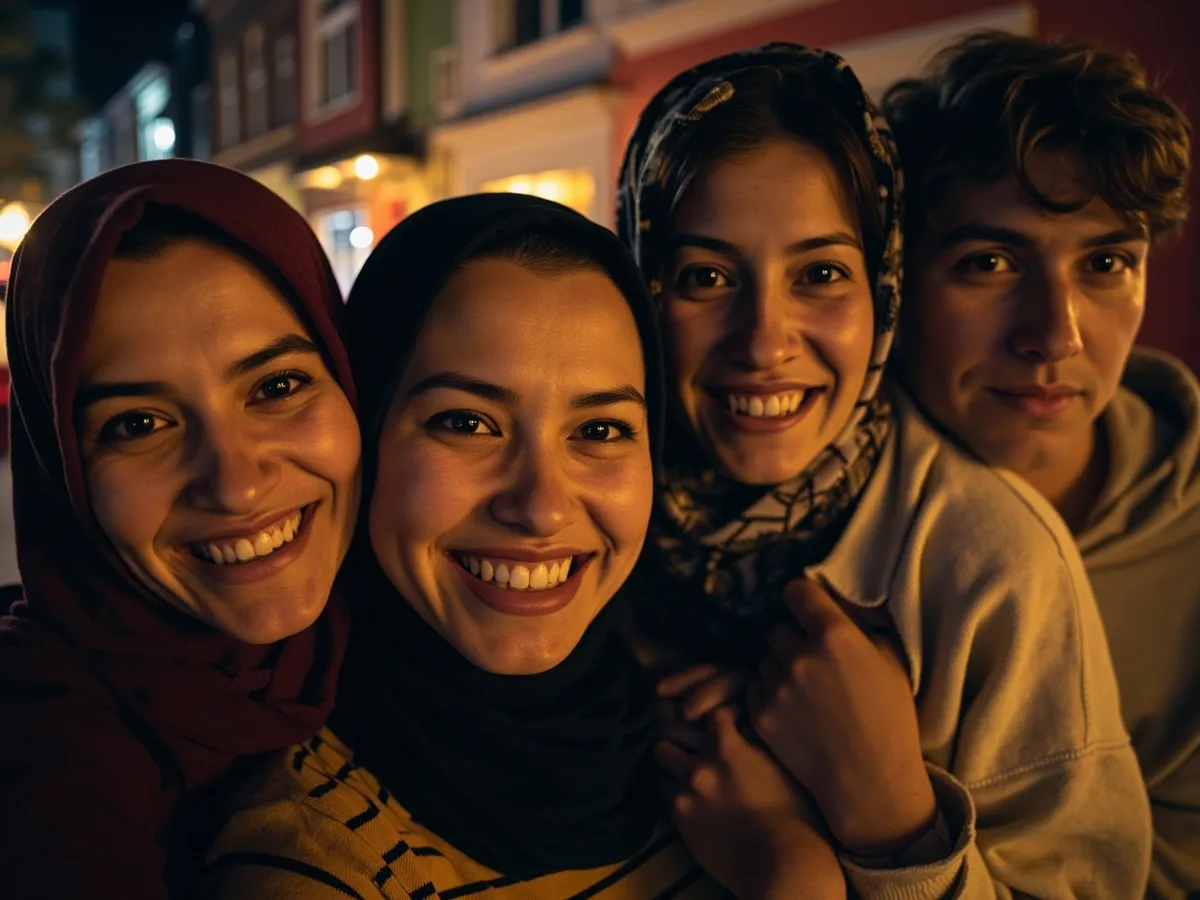 Computer-generated image: four friends laughing together in a group photo on a quest day out