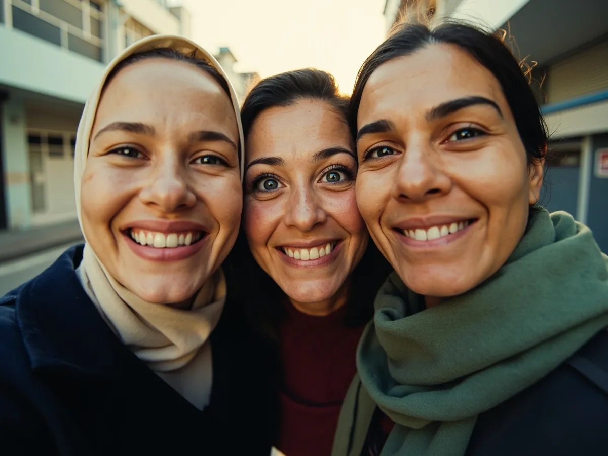 Computer-generated image: three friends laughing together in a group photo on a quest day out
